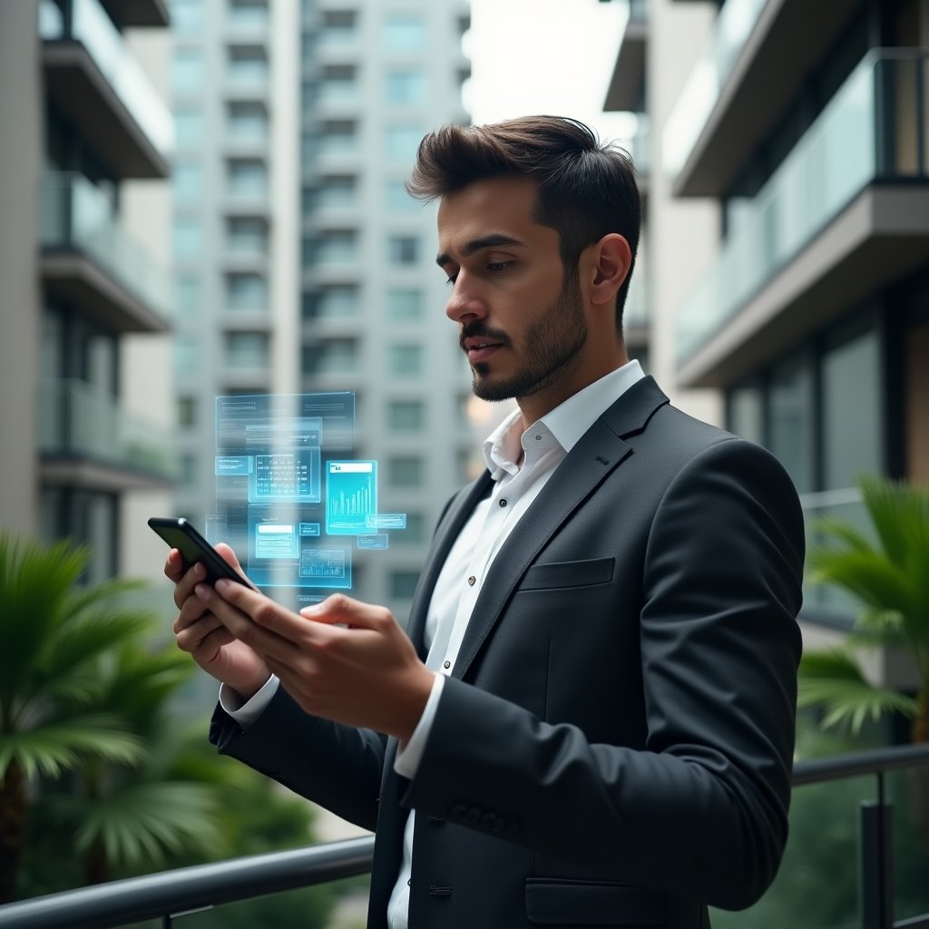 Ultra-realistic condominium manager in a charcoal suit with crisp white shirt, set in a modern luxury condominium environment with high-rise buildings and lush green landscaping, holding a smartphone displaying a holographic dashboard with financial charts and chat icons, confidently analyzing data, cinematic lighting, shallow depth of field, highly detailed textures, realistic skin, photographic realism, 8k resolution --ar 1:1 --v 6