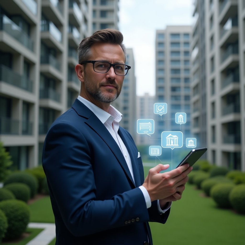Ultra-realistic property manager in a navy blue executive suit, set in a modern luxury condominium environment with high-rise buildings and manicured green landscaping, holding a tablet displaying holographic chat bubbles and notification icons to symbolize centralized communication and streamlined processes, confident and focused expression, cinematic lighting, shallow depth of field, highly detailed textures, realistic skin, photographic realism, 8k resolution --ar 1:1 --v 6