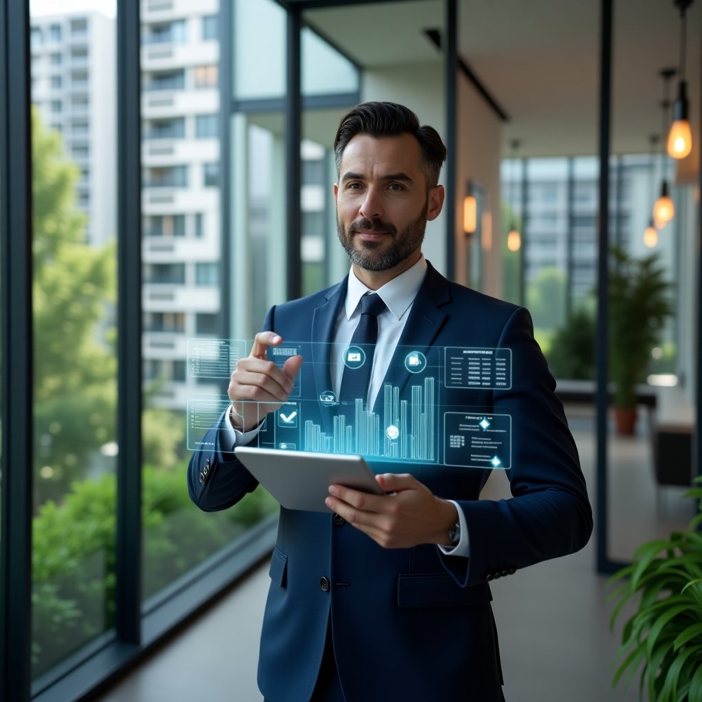 (Ultra-realistic condominium manager in a navy blue tailored suit, set in a modern luxury condominium corporate environment with high-rise buildings and meticulously maintained green landscaping, holding a tablet and interacting with a transparent holographic dashboard of automated billing and payment status charts, floating icons of digital invoices and green checkmarks, confident and focused expression, cinematic lighting, shallow depth of field, highly detailed textures, realistic skin, photographic realism, 8k resolution --ar 1:1 --v 6)