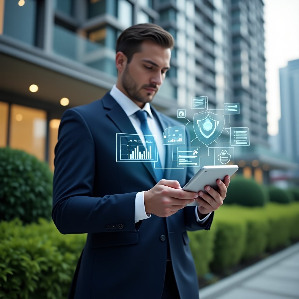 Ultra-realistic condominium manager in a navy blue suit, set in a modern luxury condominium environment with high-rise buildings and green landscaping, holding a tablet displaying a digital dashboard with financial charts and reservation calendar, surrounded by floating holographic icons of graphs, chat bubbles, and a security shield, cinematic lighting, shallow depth of field, highly detailed textures, realistic skin, photographic realism, 8k resolution --ar 1:1 --v 6