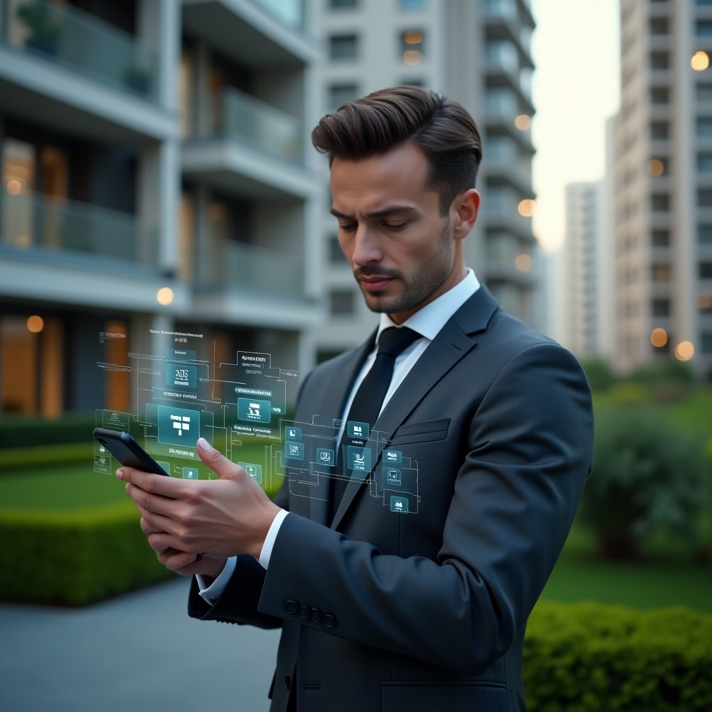 (Ultra-realistic condominium manager in a sleek dark grey suit, set in a modern luxury condominium environment with high-rise buildings and well-manicured green landscaping, holding a smartphone with holographic overlays of notifications, reservation calendars and financial charts, confidently analyzing the data, cinematic lighting, shallow depth of field, highly detailed textures, realistic skin, photographic realism, 8k resolution --ar 1:1 --v 6)