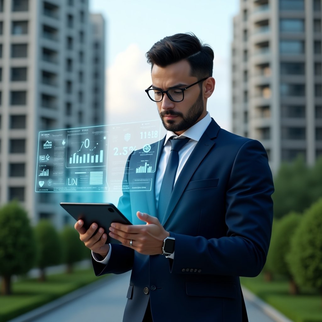 Ultra-realistic condo manager in a tailored navy blue suit, set in a modern luxury condominium environment with high-rise buildings and green landscaping, mid-shot of a confident condo manager analyzing a digital tablet projecting a holographic application interface, floating app icons and data graphs symbolizing condominium management, cinematic lighting, shallow depth of field, highly detailed textures, realistic skin, photographic realism, 8k resolution --ar 1:1 --v 6