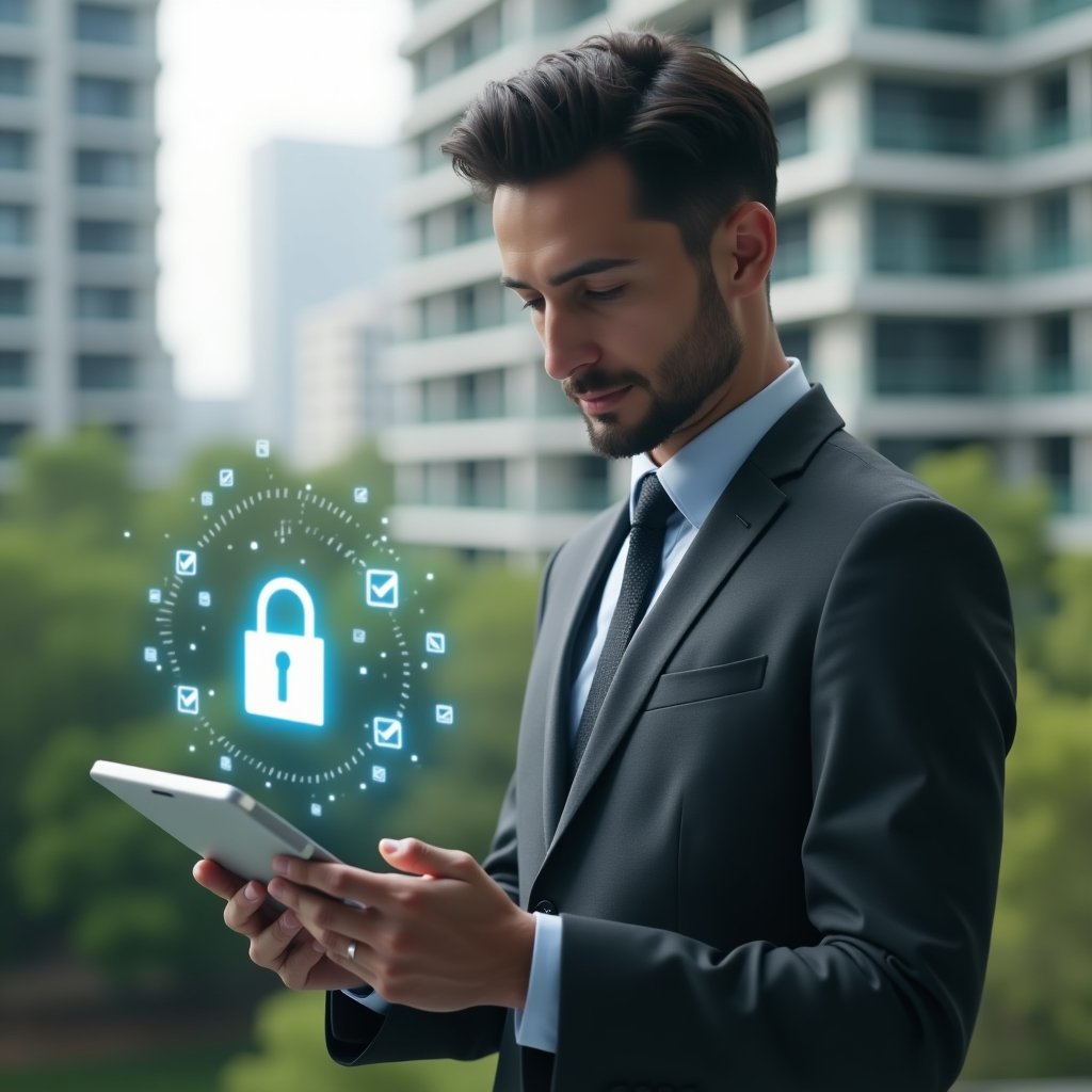 Ultra-realistic condominium manager in a charcoal gray suit, set in a modern luxury condominium environment with high-rise buildings and green landscaping, medium shot, holding a tablet with a holographic voting interface and floating lock and checkmark icons, confident and focused expression, cinematic lighting, shallow depth of field, highly detailed textures, realistic skin, photographic realism, 8k resolution --ar 1:1 --v 6