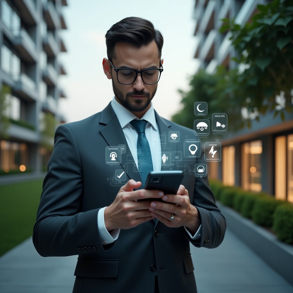 Ultra-realistic condominium manager in a charcoal gray business suit, set in a modern luxury condominium environment with high-rise buildings and well-kept green landscaping, medium close-up as they hold a smartphone projecting holographic icons of access control, energy monitoring and security cameras, confident and focused expression, cinematic lighting, shallow depth of field, highly detailed textures, realistic skin, photographic realism, 8k resolution --ar 1:1 --v 6