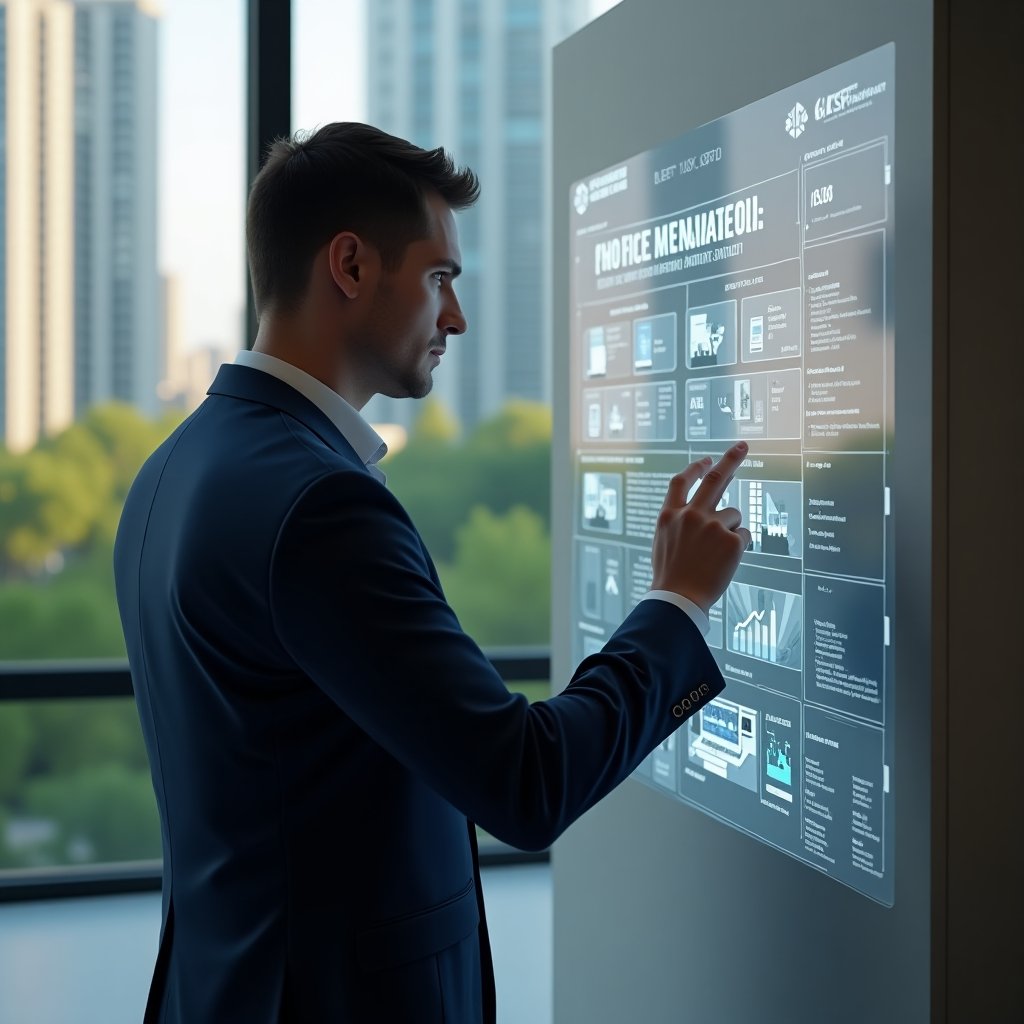 (Ultra-realistic property manager in a navy blue tailored suit, set in a modern luxury condominium environment with high-rise buildings and lush green landscaping, medium shot, confidently interacting with a holographic control panel showing security camera feeds, lighting schedules and climate sensor data, cinematic lighting, shallow depth of field, highly detailed textures, realistic skin, photographic realism, 8k resolution --ar 1:1 --v 6)