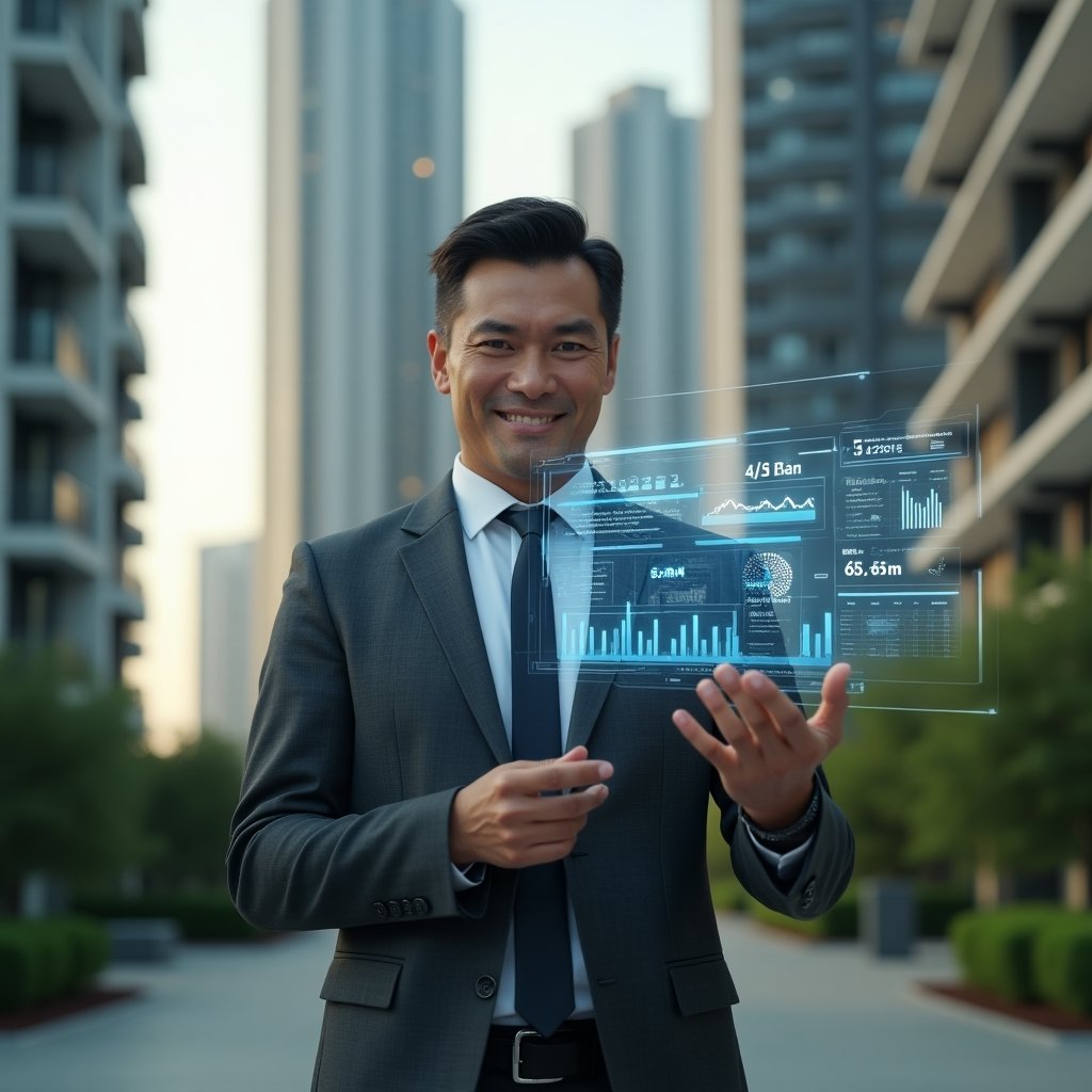 Ultra-realistic condominium manager in a tailored charcoal grey suit, set in a modern luxury condominium environment with high-rise buildings and lush green landscaping, medium shot with a confident expression, interacting with a floating holographic interface of IoT sensor data and AI-driven dashboards, subtle digital circuit overlays, cinematic lighting, shallow depth of field, highly detailed textures, realistic skin, photographic realism, 8k resolution --ar 1:1 --v 6