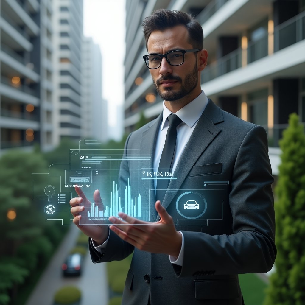 (Ultra-realistic condominium manager in a charcoal gray suit, set in a modern luxury condominium environment with high-rise buildings and lush green landscaping, interacting with a holographic interface showing building automation metrics, energy efficiency graphs and security icons, confident expression, cinematic lighting, shallow depth of field, highly detailed textures, realistic skin, photographic realism, 8k resolution --ar 1:1 --v 6)