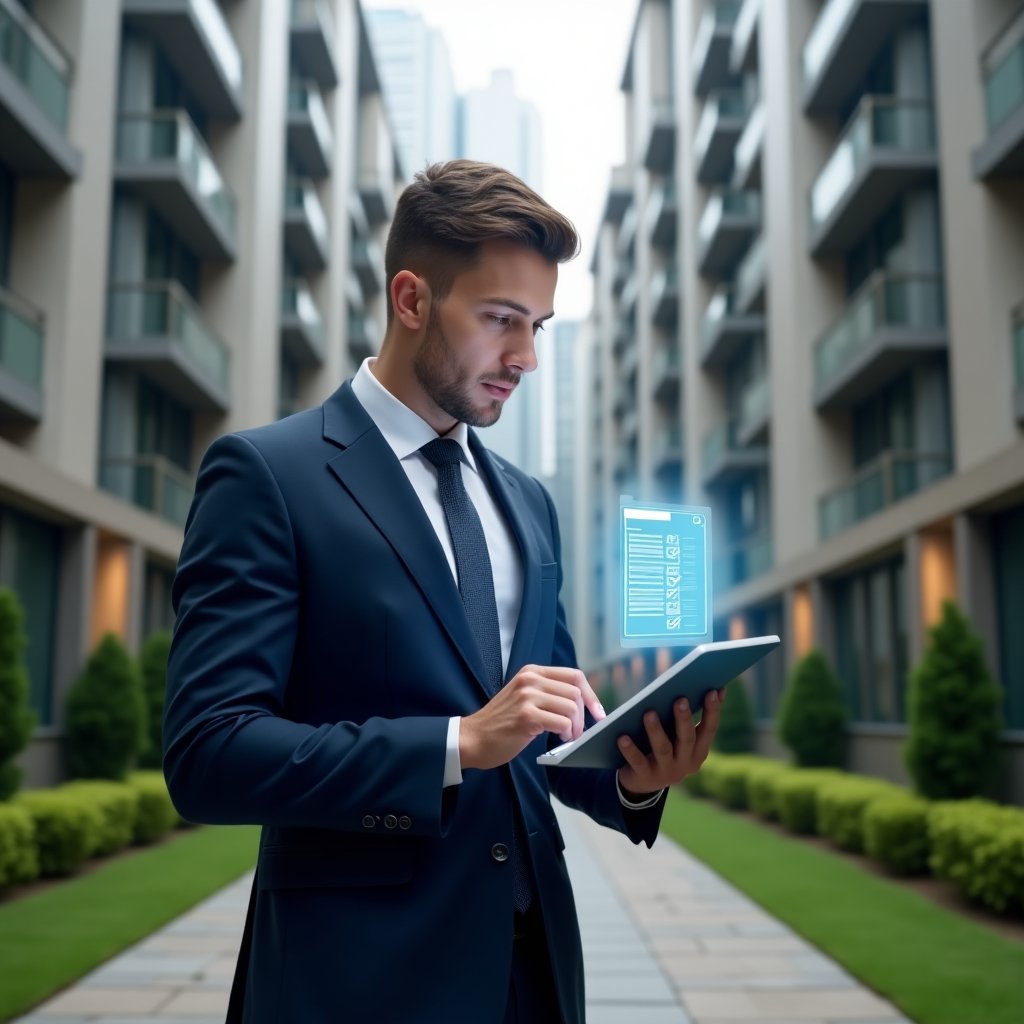 Ultra-realistic condominium manager in a navy blue executive suit, set in a modern luxury condominium environment with high-rise buildings and manicured green landscaping, examining a digital checklist on a tablet with a floating holographic checklist icon, confident and focused expression, cinematic lighting, shallow depth of field, highly detailed textures, realistic skin, photographic realism, 8k resolution --ar 1:1 --v 6