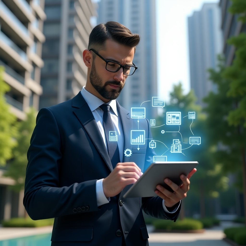 (Ultra-realistic condominium manager in a navy tailored suit, set in a modern luxury condominium environment with high-rise buildings and well-manicured green landscaping, confidently reviewing a digital tablet displaying a holographic checklist, with floating icons of documents, financial charts, chat bubbles and gear symbols representing organization and automation, cinematic lighting, shallow depth of field, highly detailed textures, realistic skin, photographic realism, 8k resolution --ar 1:1 --v 6)