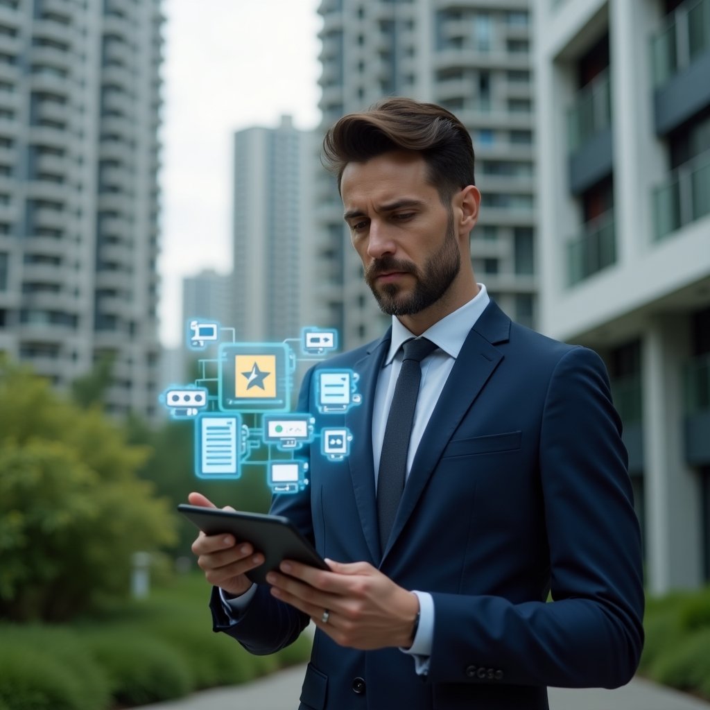 (Ultra-realistic condominium manager in a navy blue suit, medium shot, set in a modern luxury condominium environment with high-rise buildings and lush green landscaping, holding a tablet and interacting with floating holographic document icons and a smartphone displaying a colorful condo management app icon, expression confident and focused, cinematic lighting, shallow depth of field, highly detailed textures, realistic skin, photographic realism, 8k resolution --ar 1:1 --v 6)