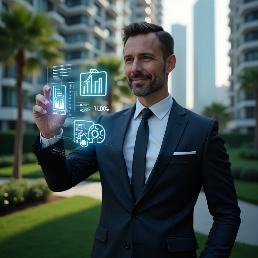 Ultra-realistic condominium manager in a dark charcoal suit, set in a modern luxury condominium environment with high-rise buildings and meticulously maintained green landscaping, medium shot of a confident professional interacting with holographic icons—financial charts, chat bubbles, automation gears, digital documents and maintenance tools—cinematic lighting, shallow depth of field, highly detailed textures, realistic skin, photographic realism, 8k resolution --ar 1:1 --v 6