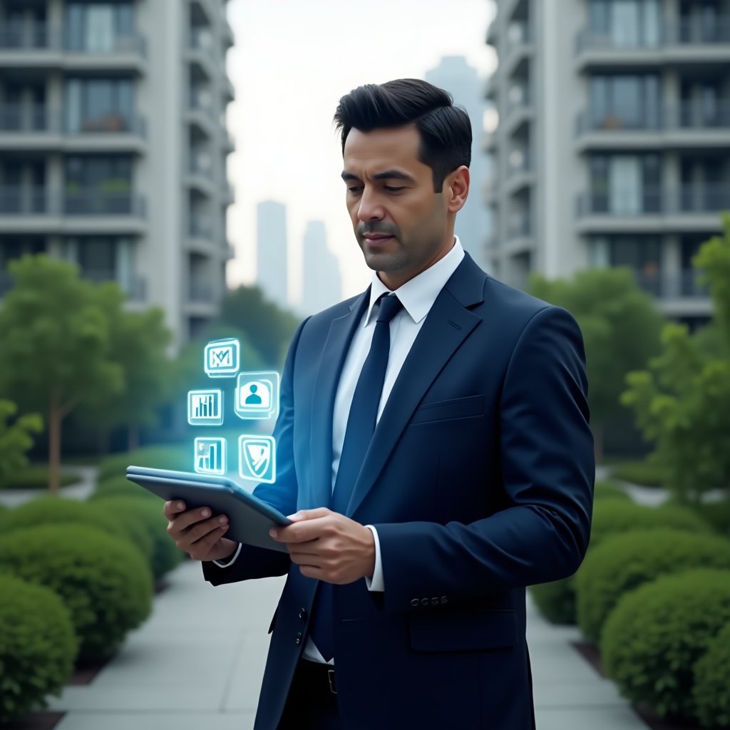 Ultra-realistic condominium manager in a navy blue suit, set in a modern luxury condominium environment with high-rise buildings and green landscaping, holding a tablet displaying floating holographic icons of chat bubbles, bar charts and a security shield, confident and focused expression, cinematic lighting, shallow depth of field, highly detailed textures, realistic skin, photographic realism, 8k resolution --ar 1:1 --v 6