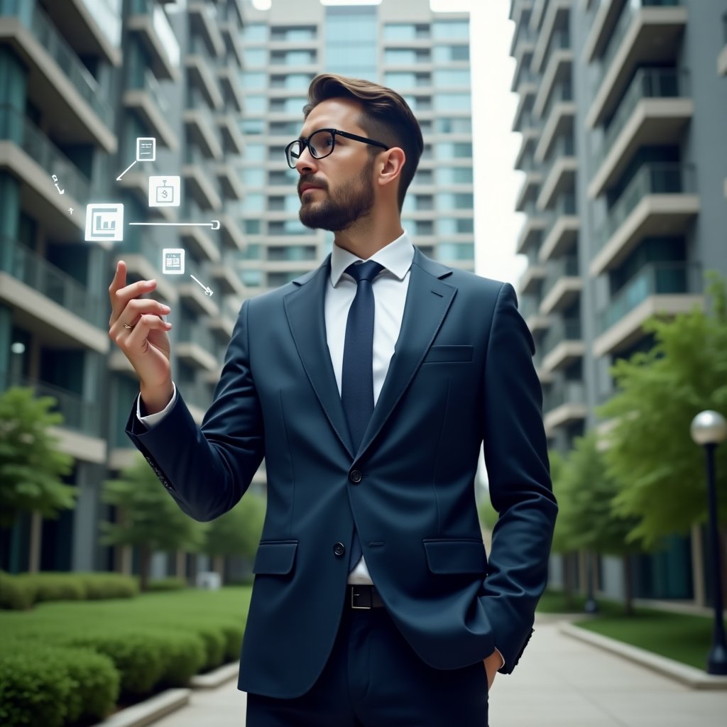 (Ultra-realistic property manager in a tailored navy suit, medium shot, set in a modern luxury condominium environment with high-rise buildings and manicured green landscaping, confidently interacting with floating holographic icons for documents, financial charts, chat notifications and booking calendars that symbolize an aplicativo para condomínio and aplicativo de gestão, cinematic lighting, shallow depth of field, highly detailed textures, realistic skin, photographic realism, 8k resolution --ar 1:1 --v 6)