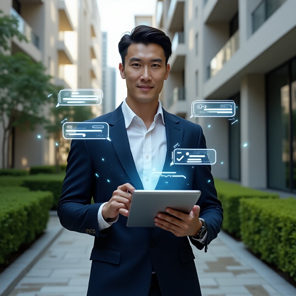 (Ultra-realistic condominium manager in a sleek navy suit and white shirt, set in a modern luxury condominium environment with high-rise buildings and manicured green landscaping, holding a tablet with a holographic interface showing billing reminders, chat bubbles and a reservation calendar, confident and focused expression, floating holographic app icons symbolizing an application for condominium management, cinematic lighting, shallow depth of field, highly detailed textures, realistic skin, photographic realism, 8k resolution --ar 1:1 --v 6)