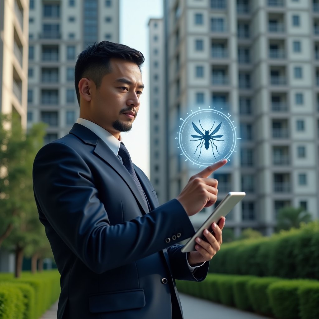 (Ultra-realistic condominium manager in a navy executive suit, set in a modern luxury condominium environment with high-rise buildings and well-manicured green landscaping, holding a tablet and pointing at a holographic mosquito icon displaying preventive measures, focused and confident expression, cinematic lighting, shallow depth of field, highly detailed textures, realistic skin, photographic realism, 8k resolution --ar 1:1 --v 6)
