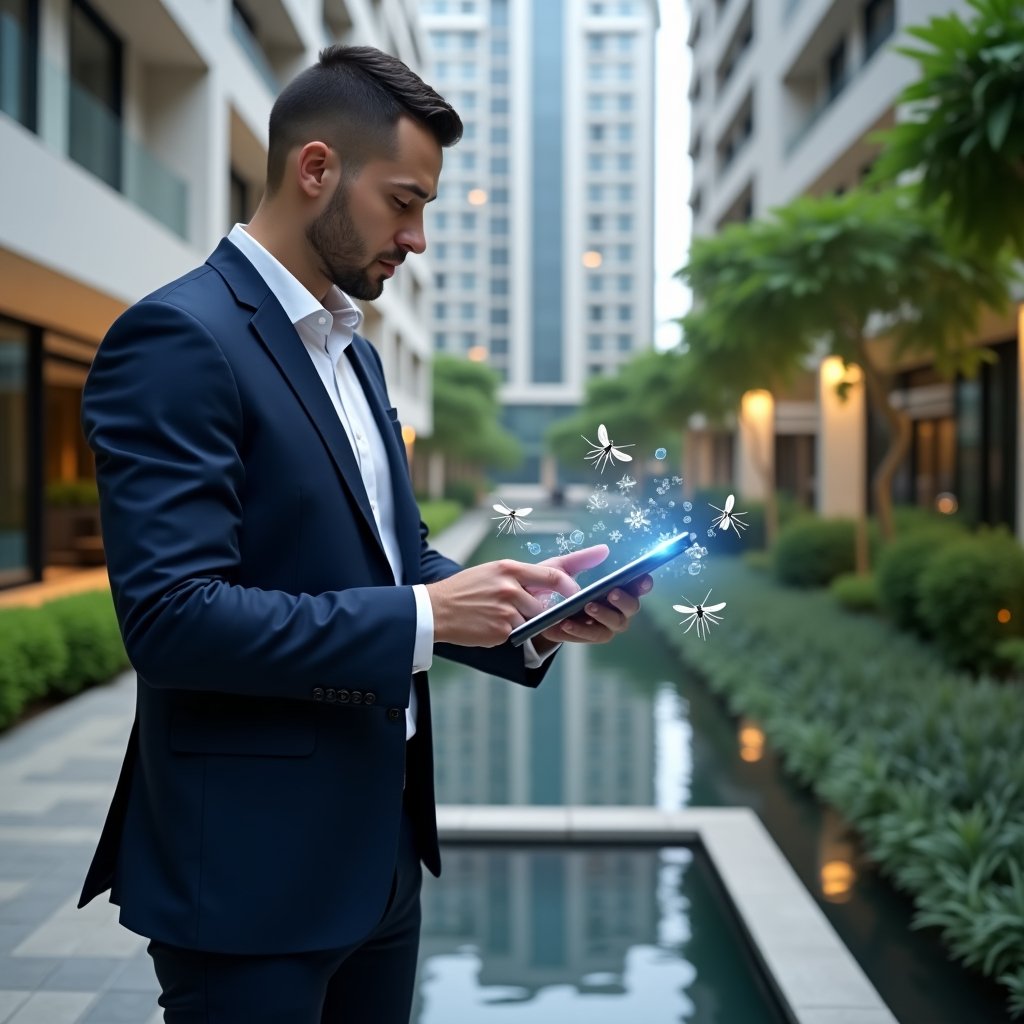 Ultra-realistic condominium manager in a navy blue executive suit with a focused and confident expression, set in a modern luxury condominium environment with high-rise buildings and well-maintained green landscaping, inspecting a standing water puddle near planters while holding a tablet displaying an app interface highlighting mosquito risk zones, holographic icons of mosquitoes and water droplets floating around, cinematic lighting, shallow depth of field, highly detailed textures, realistic skin, photographic realism, 8k resolution --ar 1:1 --v 6