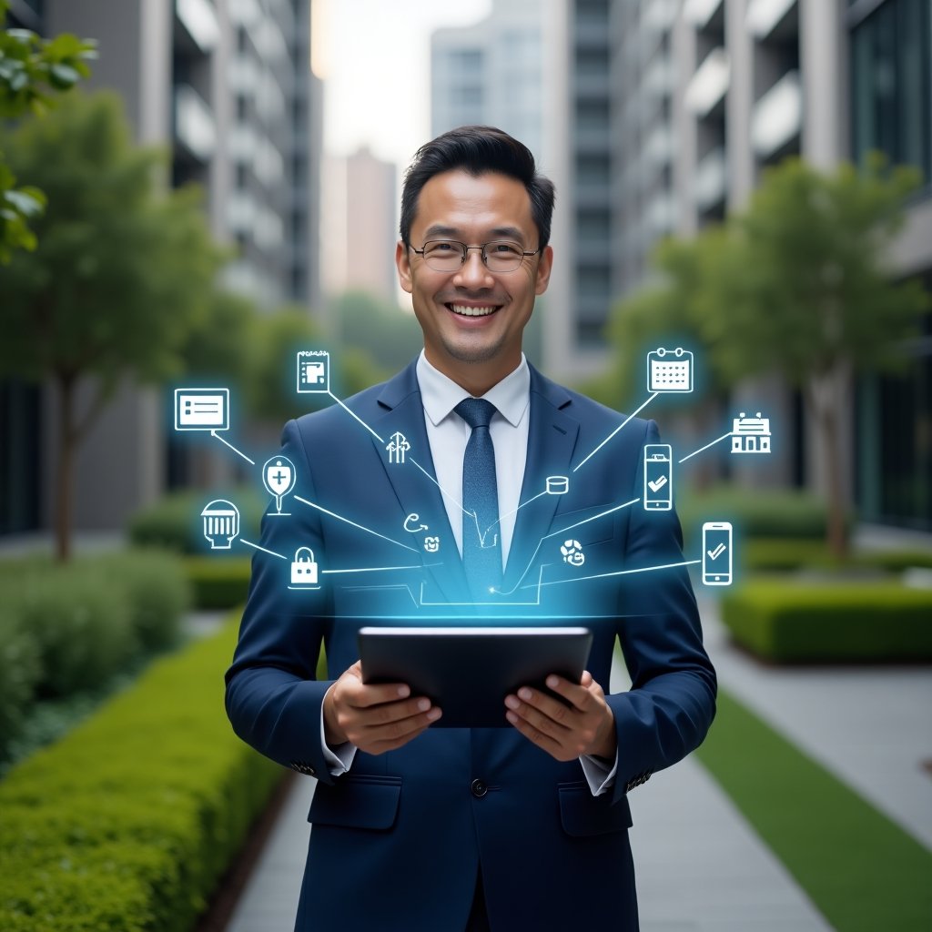 Ultra-realistic condominium property manager in a navy blue executive suit, set in a modern luxury condominium environment with high-rise buildings and perfectly manicured green landscaping, holding a tablet displaying a holographic community app interface, smiling confidently, surrounded by floating holographic icons of messaging, reservation calendars and community events, cinematic lighting, shallow depth of field, highly detailed textures, realistic skin, photographic realism, 8k resolution --ar 1:1 --v 6