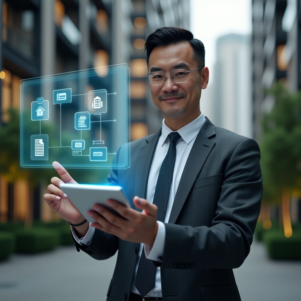 ultra-realistic condominium manager in a charcoal gray business suit, set in a modern luxury condominium environment with high-rise buildings and lush green landscaping, confidently holding a tablet displaying holographic icons of bills, documents, and chat notifications to symbolize automated billing and centralized communication, pointing at a floating digital interface with interactive menus, cinematic lighting, shallow depth of field, highly detailed textures, realistic skin, photographic realism, 8k resolution --ar 1:1 --v 6