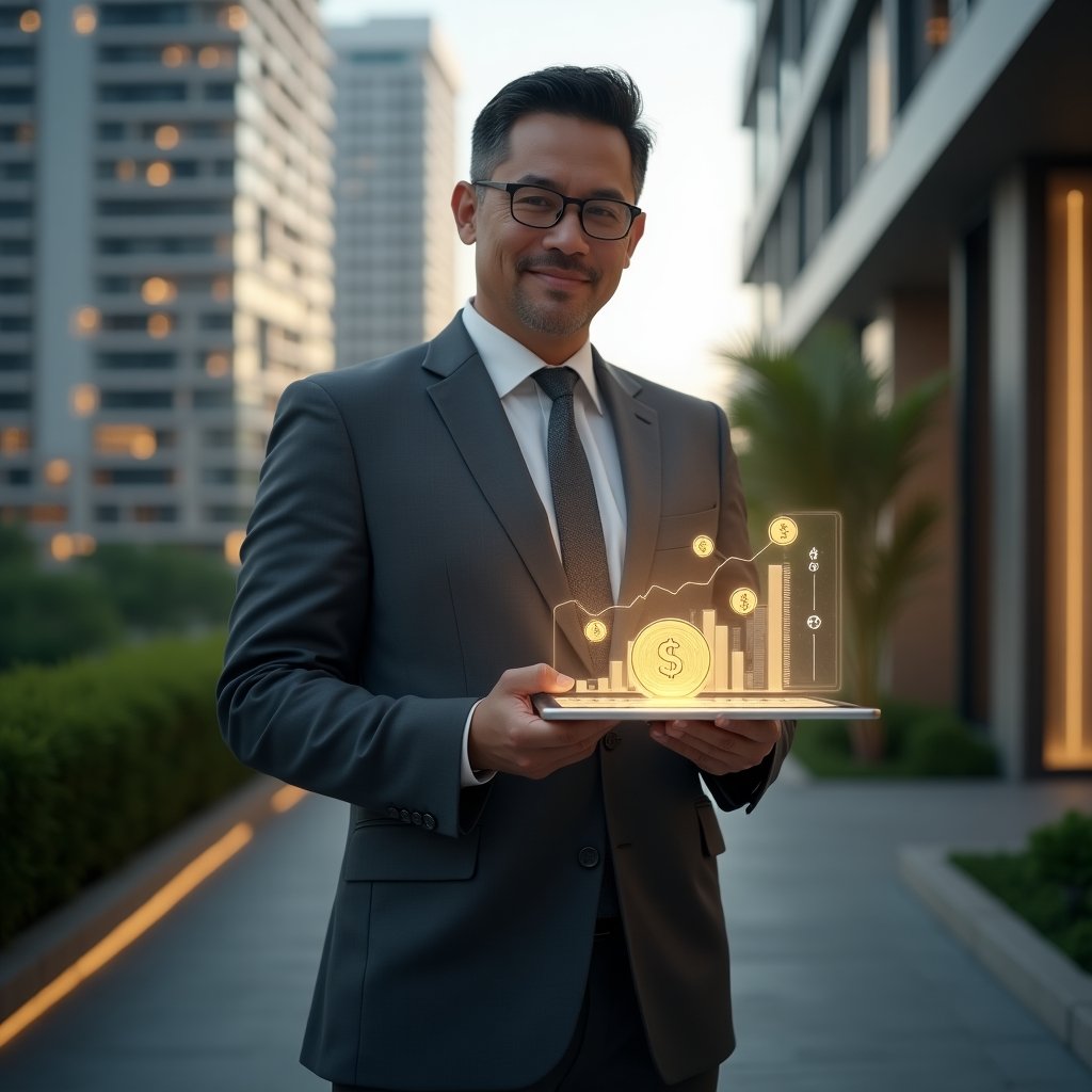 Ultra-realistic condominium manager in a charcoal gray suit, set in a modern luxury condominium environment with high-rise buildings and lush green landscaping, holding a tablet displaying glowing financial charts and holographic coin and pie-chart icons symbolizing the reserve fund, confident and focused expression, cinematic lighting, shallow depth of field, highly detailed textures, realistic skin, photographic realism, 8k resolution --ar 1:1 --v 6