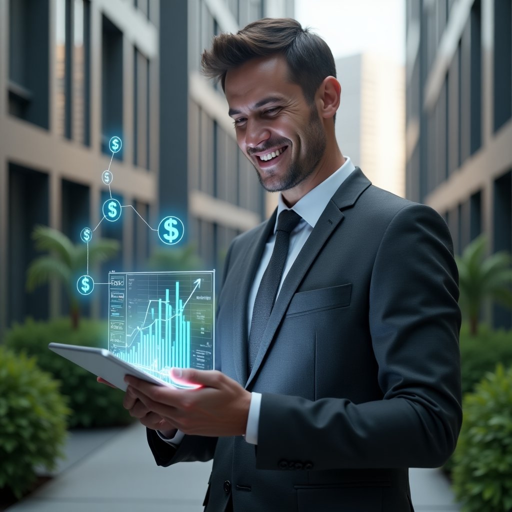 Ultra-realistic condominium manager in a dark gray suit, set in a modern luxury condominium environment with high-rise buildings and lush green landscaping, reviewing a holographic financial dashboard on a transparent tablet while smiling confidently, floating bar charts and currency icons around, cinematic lighting, shallow depth of field, highly detailed textures, realistic skin, photographic realism, 8k resolution --ar 1:1 --v 6