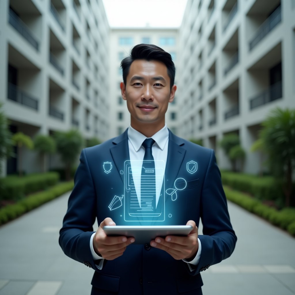 Ultra-realistic condominium property manager in a tailored navy suit, set in a modern luxury condominium environment with high-rise buildings and well-manicured green landscaping, medium shot of the manager confidently holding a digital tablet projecting a holographic internal regulation document, with floating icons of a shield, gavel, and checklist around, cinematic lighting, shallow depth of field, highly detailed textures, realistic skin, photographic realism, 8k resolution --ar 1:1 --v 6