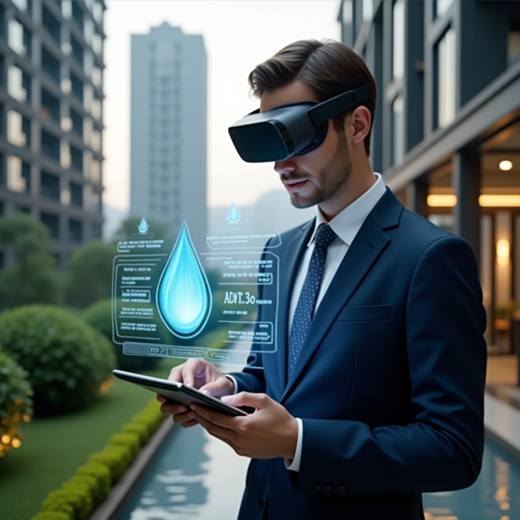(Ultra-realistic condominium manager in a navy blue suit, set in a modern luxury condominium environment with high-rise buildings and well-manicured green landscaping, medium close-up, confidently holding a tablet displaying a holographic water droplet icon and consumption charts, tapping the screen to analyze data and optimize water savings, cinematic lighting, shallow depth of field, highly detailed textures, realistic skin, photographic realism, 8k resolution --ar 1:1 --v 6)