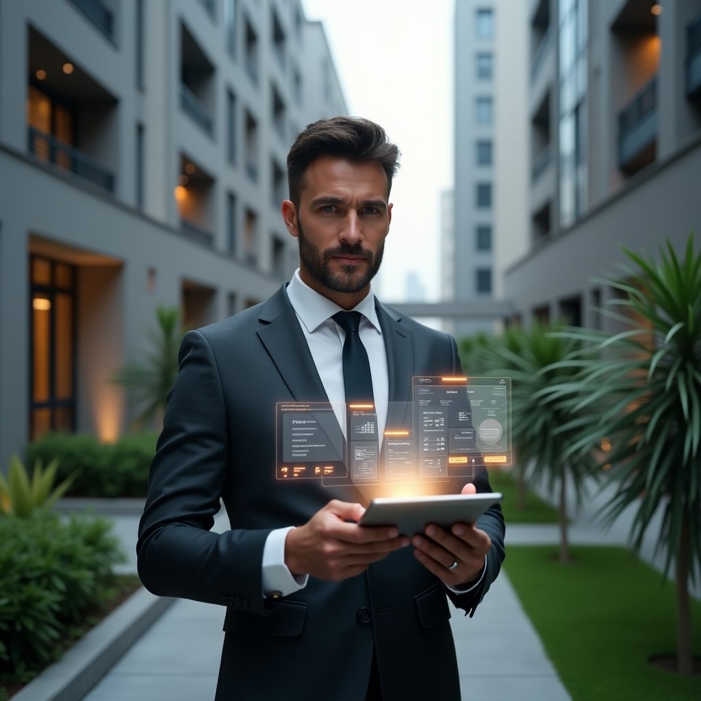 (Ultra-realistic condominium manager in a charcoal gray tailored suit, set in a modern luxury condominium environment with high-rise buildings and manicured greenery, mid shot holding a tablet with a glowing holographic schedule interface and tapping notifications, floating icons of calendars and alerts as symbolic elements, confident and focused expression, cinematic lighting, shallow depth of field, highly detailed textures, realistic skin, photographic realism, 8k resolution --ar 1:1 --v 6)