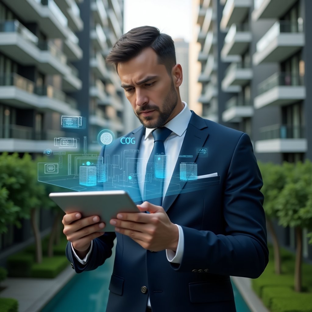 Ultra-realistic condominium manager in a tailored dark blue suit with a confident, thoughtful expression, set in a modern luxury condominium environment with high-rise buildings and lush green landscaping, mid-shot close-up analyzing a digital tablet displaying floating holographic charts comparing ordinary and extraordinary expenses, holographic icons of coins and building facades, cinematic lighting, shallow depth of field, highly detailed textures, realistic skin, photographic realism, 8k resolution --ar 1:1 --v 6
