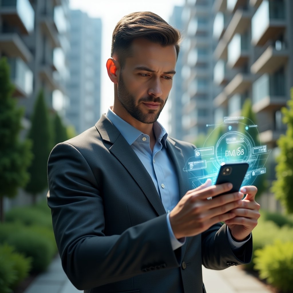 (Ultra-realistic condominium manager in a tailored dark gray suit, set in a modern luxury condominium environment with high-rise buildings and lush green landscaping, holding a smartphone in one hand and touching a floating holographic app interface with notification icons and data charts, confident and focused expression, cinematic lighting, shallow depth of field, highly detailed textures, realistic skin, photographic realism, 8k resolution --ar 1:1 --v 6)