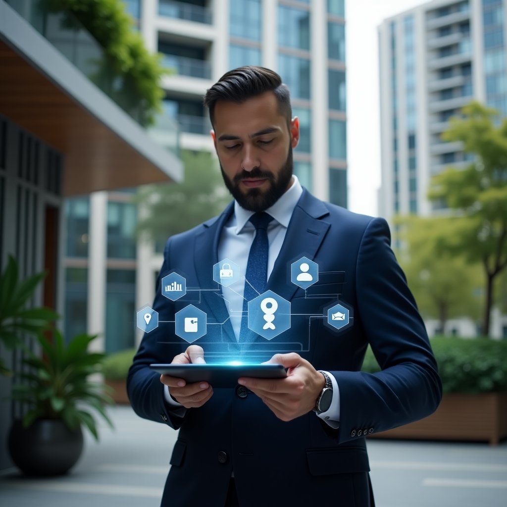 Ultra-realistic condo manager in a tailored navy blue suit, set in a modern luxury condominium environment with high-rise buildings and lush green landscaping, standing in a common area and holding a tablet projecting a holographic condominium management app interface, with floating icons representing communication, automation, and collaboration, cinematic lighting, shallow depth of field, highly detailed textures, realistic skin, photographic realism, 8k resolution --ar 1:1 --v 6