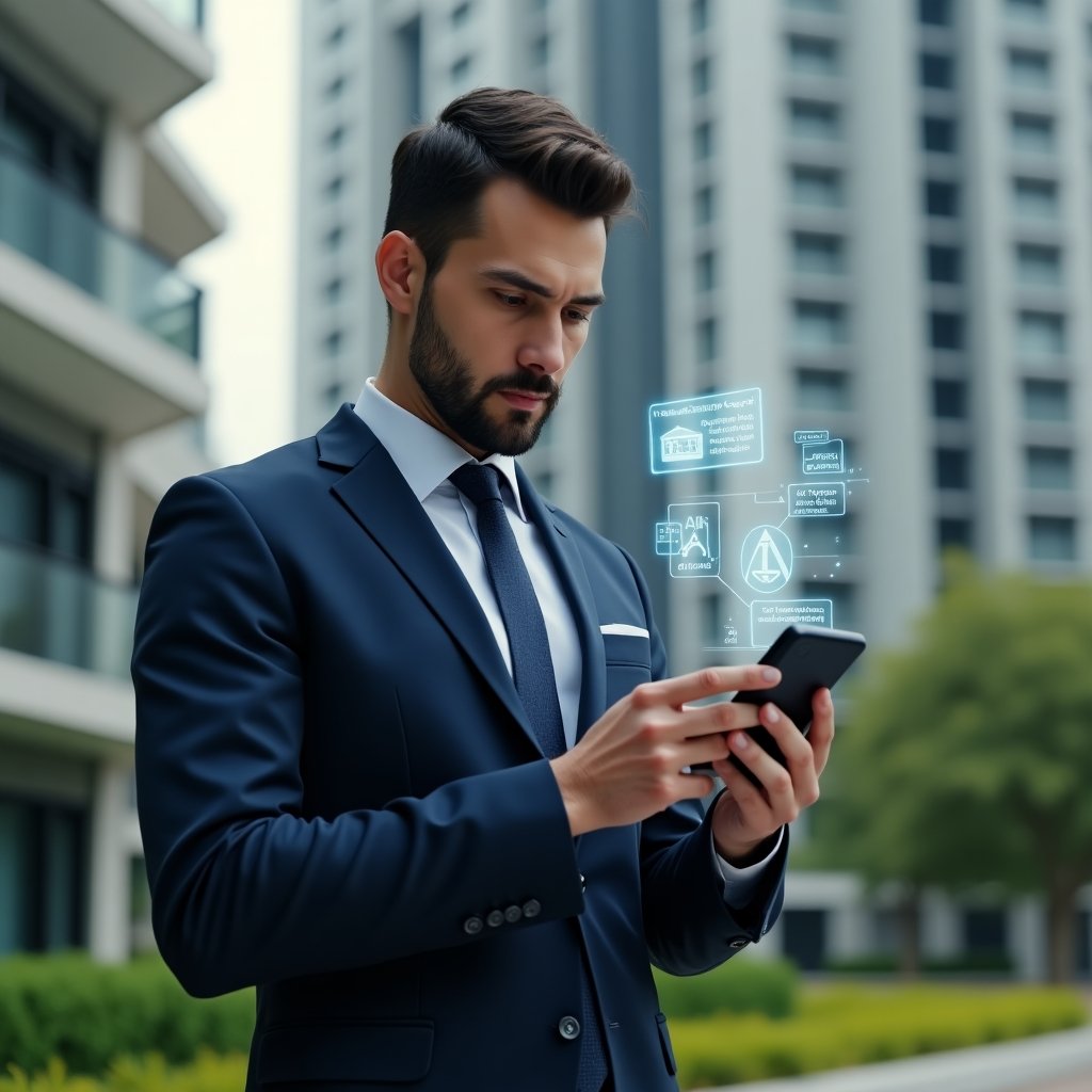 (Ultra-realistic condominium manager in a navy tailored suit, set in a modern luxury condominium environment with high-rise buildings and lush green landscaping, medium shot of the manager confidently checking a smartphone displaying a condominium management app interface, floating holographic notification and warning icons around the device, cinematic lighting, shallow depth of field, highly detailed textures, realistic skin, photographic realism, 8k resolution --ar 1:1 --v 6)