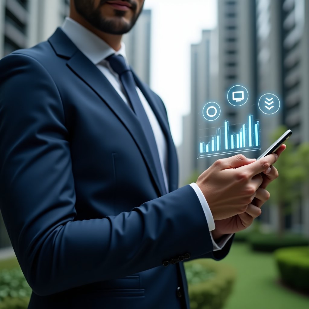Ultra-realistic condominium manager in a navy blue tailored suit, close-up shot set in a modern luxury condominium environment with high-rise buildings and lush green landscaping, confidently holding a smartphone displaying holographic financial charts with three floating icons symbolizing transparency, communication, and automation, cinematic lighting, shallow depth of field, highly detailed textures, realistic skin, photographic realism, 8k resolution --ar 1:1 --v 6