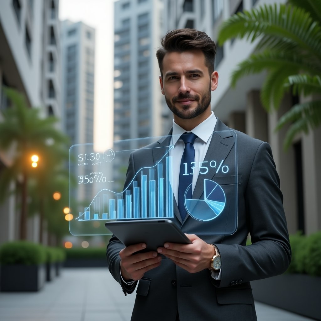 Ultra-realistic condominium manager in a sleek charcoal gray suit, set in a modern luxury condominium environment with high-rise buildings and lush green landscaping, holding a digital tablet displaying a holographic bar graph and pie chart, standing confidently while presenting clear financial data to residents, with floating financial icons and transparent ledger overlays, cinematic lighting, shallow depth of field, highly detailed textures, realistic skin, photographic realism, 8k resolution --ar 1:1 --v 6