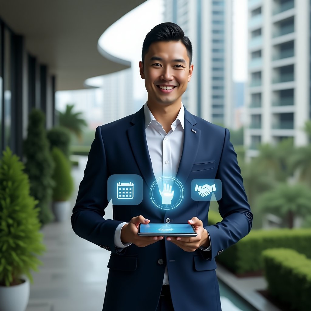(Ultra-realistic condominium manager in a sharp navy blue suit and crisp white shirt, set in a modern luxury condominium environment with high-rise buildings and lush green landscaping, holding a tablet displaying a digital reservation interface and chat bubbles, projecting holographic icons of calendar and handshake, confident and approachable expression, cinematic lighting, shallow depth of field, highly detailed textures, realistic skin, photographic realism, 8k resolution --ar 1:1 --v 6)