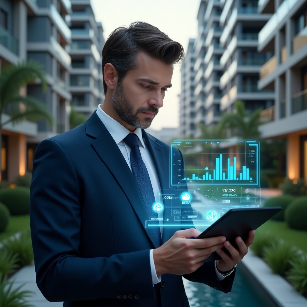 (Ultra-realistic condominium manager in a navy blue suit, set in a modern luxury condominium environment with high-rise glass buildings and meticulously landscaped gardens, holding a tablet with glowing holographic charts showing payment compliance and debt reduction progress, floating icons of digital invoices and notifications, confident and focused expression, cinematic lighting, shallow depth of field, highly detailed textures, realistic skin, photographic realism, 8k resolution --ar 1:1 --v 6)