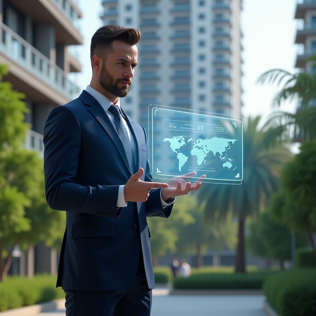 (Ultra-realistic condominium manager in a navy blue tailored suit, set in a modern luxury condominium environment with high-rise buildings and lush green landscaping, standing as they interact with a holographic activity schedule and financial graphs floating before them, looking confident and focused, cinematic lighting, shallow depth of field, highly detailed textures, realistic skin, photographic realism, 8k resolution --ar 1:1 --v 6)