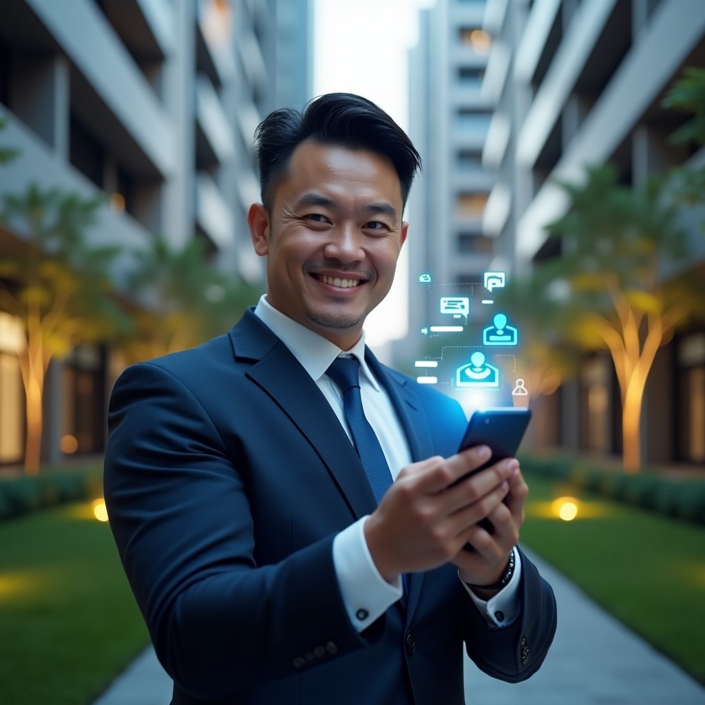 Ultra-realistic property manager in a navy blue suit, set in a modern luxury condominium environment with high-rise buildings and manicured green landscaping, presenting a smartphone screen illuminated with a holographic condominium management app interface featuring notification and chat icons symbolizing digital conflict resolution, confident and approachable expression, cinematic lighting, shallow depth of field, highly detailed textures, realistic skin, photographic realism, 8k resolution --ar 1:1 --v 6