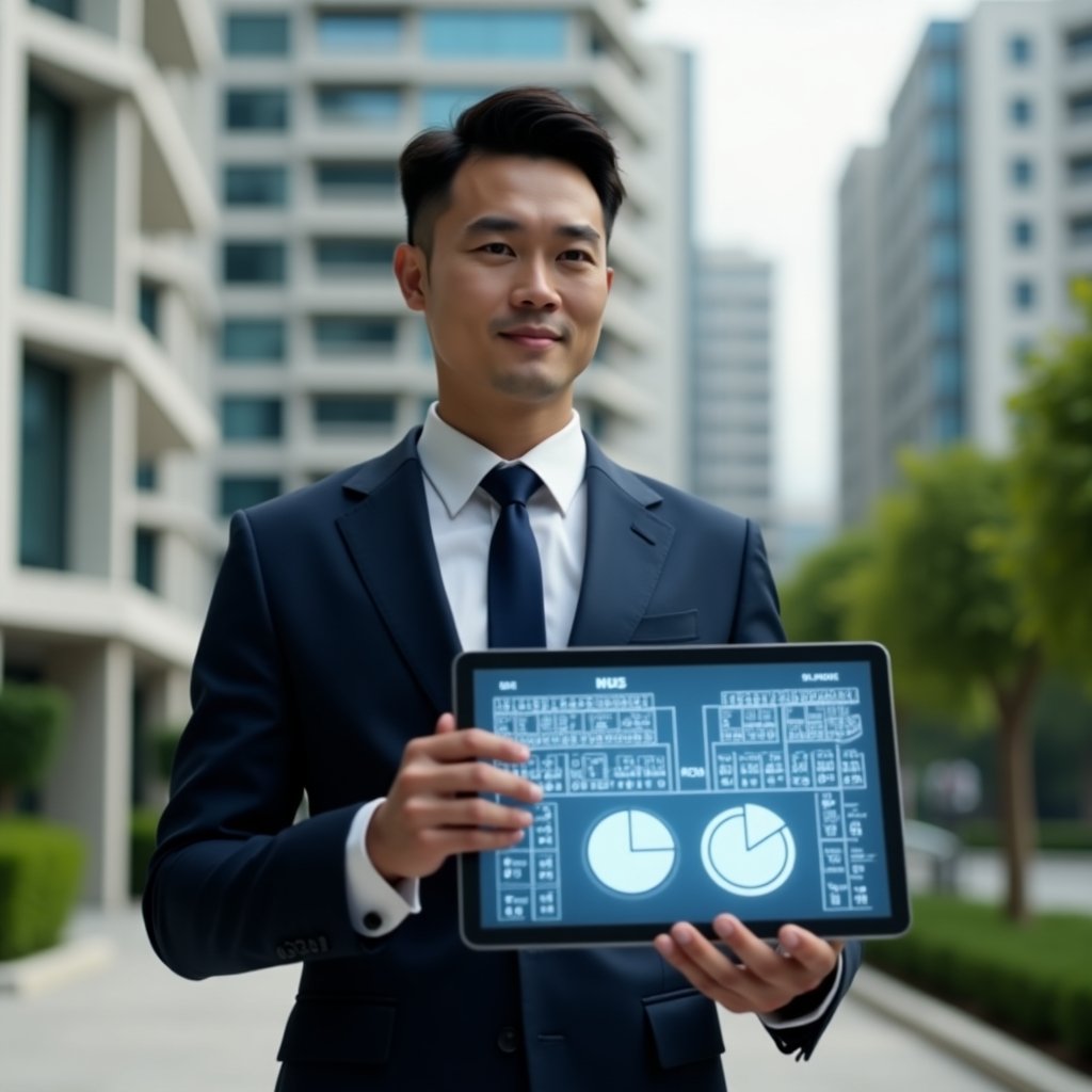 Ultra-realistic condominium manager in a tailored navy suit, set in a modern luxury condominium environment with high-rise buildings and manicured green landscaping, medium shot, holding a transparent tablet displaying a holographic pie chart and floor plan with highlighted unit fraction percentages, confident and thoughtful expression, cinematic lighting, shallow depth of field, highly detailed textures, realistic skin, photographic realism, 8k resolution --ar 1:1 --v 6