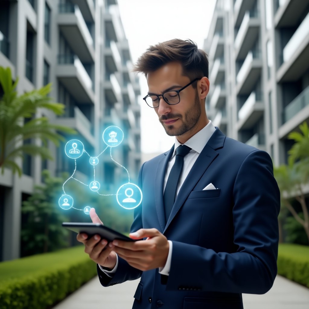Ultra-realistic condominium manager in a tailored navy suit, set in a modern luxury condominium environment with high-rise buildings and manicured green landscaping, mid-shot of a confident manager tapping on a tablet that projects floating holographic chat bubbles and engagement icons symbolizing resident communication, cinematic lighting, shallow depth of field, highly detailed textures, realistic skin, photographic realism, 8k resolution --ar 1:1 --v 6