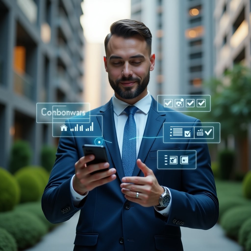 (Ultra-realistic condominium manager in a navy blue suit, set in a modern luxury condominium environment with high-rise buildings and lush green landscaping, medium shot of a confident professional holding a smartphone and interacting with a holographic interface of chat bubbles, financial charts and maintenance icons, cinematic lighting, shallow depth of field, highly detailed textures, realistic skin, photographic realism, 8k resolution --ar 1:1 --v 6)