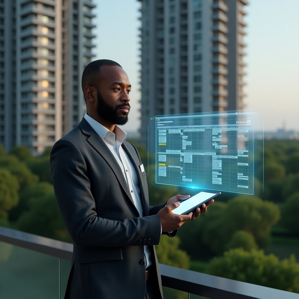 Ultra-realistic condominium manager in a dark gray tailored suit, set in a modern luxury condominium environment with high-rise buildings and green landscaping, confidently interacting with a holographic Gantt chart projection emerging from a tablet, featuring floating calendar grids and task icons, cinematic lighting, shallow depth of field, highly detailed textures, realistic skin, photographic realism, 8k resolution --ar 1:1 --v 6