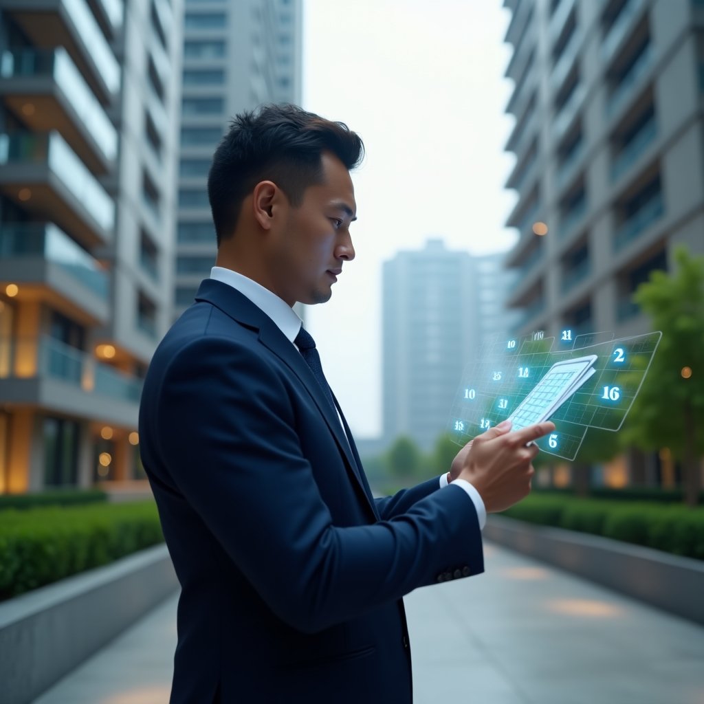 Ultra-realistic condominium manager in a navy blue suit, set in a modern luxury condominium environment with high-rise buildings and green landscaping, examining a digital schedule displayed as a floating holographic timeline with checkmark icons, confident and focused expression, cinematic lighting, shallow depth of field, highly detailed textures, realistic skin, photographic realism, 8k resolution --ar 1:1 --v 6