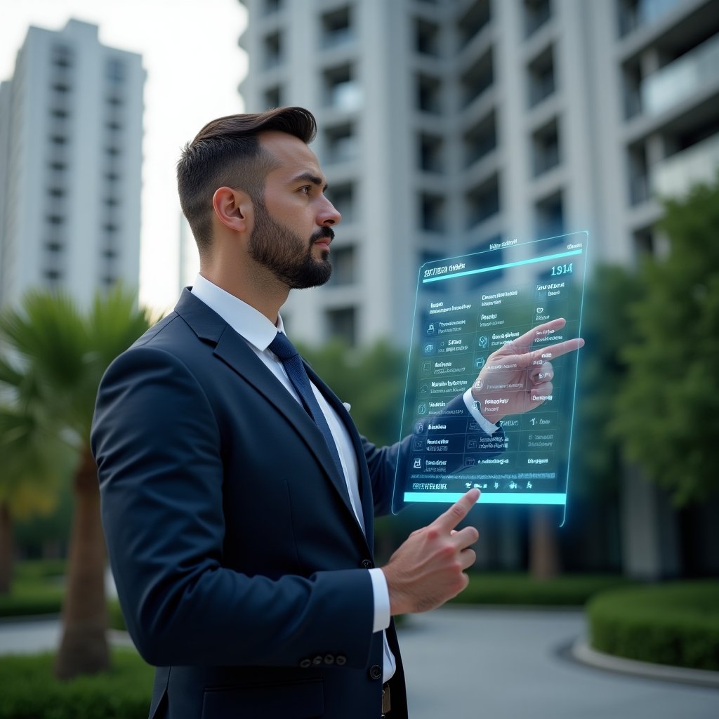 (Ultra-realistic condominium manager in a tailored navy suit, set in a modern luxury condominium environment with high-rise buildings and lush green landscaping, examining and pointing at a holographic activity timeline with icons for inspections, maintenance and assemblies, confident and focused expression, interactive digital calendar floating beside, cinematic lighting, shallow depth of field, highly detailed textures, realistic skin, photographic realism, 8k resolution --ar 1:1 --v 6)