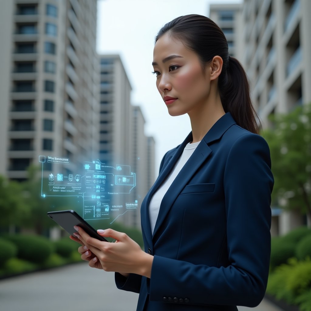 Ultra-realistic condominium manager in a navy blue suit, set in a modern luxury condominium environment with high-rise buildings and lush green landscaping, holding a digital tablet displaying a holographic activity calendar and task icons, confident and focused expression, cinematic lighting, shallow depth of field, highly detailed textures, realistic skin, photographic realism, 8k resolution --ar 1:1 --v 6