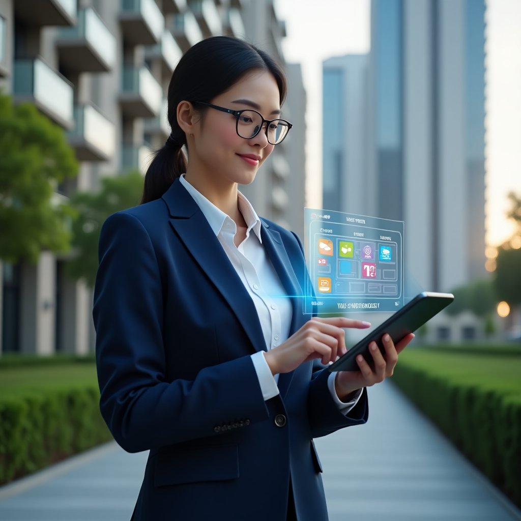 (Ultra-realistic condominium manager in a navy business suit, set in a modern luxury condominium environment with high-rise buildings and finely manicured green landscaping, mid shot holding a tablet projecting a holographic activity schedule with colorful task icons, confident and engaged expression, futuristic digital overlay, cinematic lighting, shallow depth of field, highly detailed textures, realistic skin, photographic realism, 8k resolution --ar 1:1 --v 6)