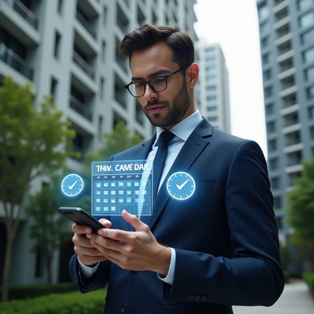 (Ultra-realistic condominium manager in a navy blue business suit, set in a modern luxury condominium environment with high-rise buildings and lush green landscaping, holding a smartphone displaying a holographic calendar schedule and confidently tapping task icons, with floating checklist and clock holograms symbolizing organized activities, cinematic lighting, shallow depth of field, highly detailed textures, realistic skin, photographic realism, 8k resolution --ar 1:1 --v 6)