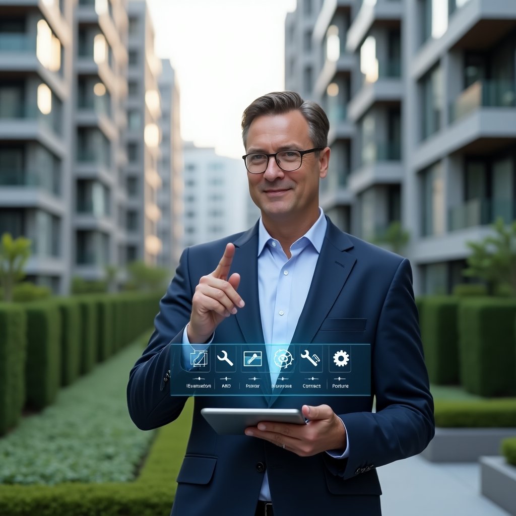 Ultra-realistic property manager in a navy blue tailored suit, set in a modern luxury condominium environment with high-rise buildings and manicured green landscaping, holding a tablet and pointing at a holographic maintenance schedule calendar with wrench and gear icons, confident and focused expression, cinematic lighting, shallow depth of field, highly detailed textures, realistic skin, photographic realism, 8k resolution --ar 1:1 --v 6