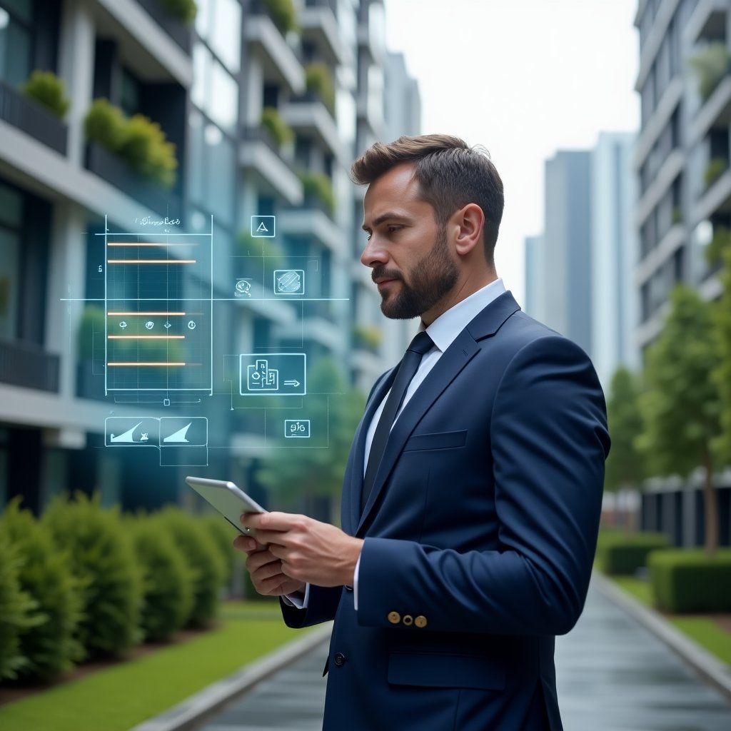 (Ultra-realistic condominium manager in a navy blue tailored suit, set in a modern luxury condominium environment with high-rise buildings and well-manicured green landscaping, medium shot of the manager holding a tablet and analyzing a holographic Gantt chart schedule, surrounded by floating digital icons of checkmarks and clock symbols representing planning and monitoring, confident and focused expression, cinematic lighting, shallow depth of field, highly detailed textures, realistic skin, photographic realism, 8k resolution --ar 1:1 --v 6)