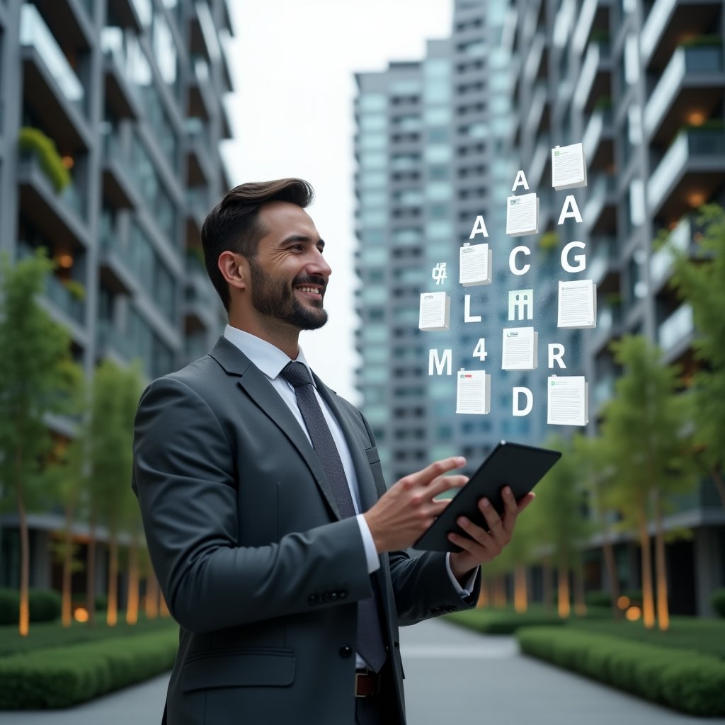 Ultra-realistic condominium manager in a charcoal gray suit, set in a modern luxury condominium environment with sleek high-rise buildings and lush green landscaping, analyzing floating holographic document folders organized in acrostic order (A–D) while holding a tablet and smiling confidently, cinematic lighting, shallow depth of field, highly detailed textures, realistic skin, photographic realism, 8k resolution --ar 1:1 --v 6