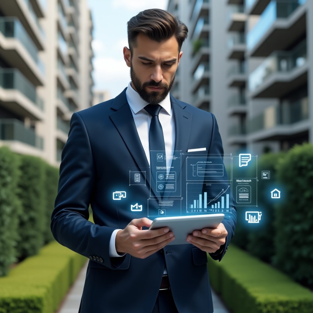 (Ultra-realistic condominium manager in a navy blue executive suit, set in a modern luxury condominium environment with high-rise buildings and manicured green landscaping, holding a tablet displaying a holographic dashboard of maintenance requests, financial graphs and chat icons, confidently analyzing data with a focused expression, subtle floating UI elements representing an aplicativo para condomínio and an aplicativo de gestão, cinematic lighting, shallow depth of field, highly detailed textures, realistic skin, photographic realism, 8k resolution --ar 1:1 --v 6)